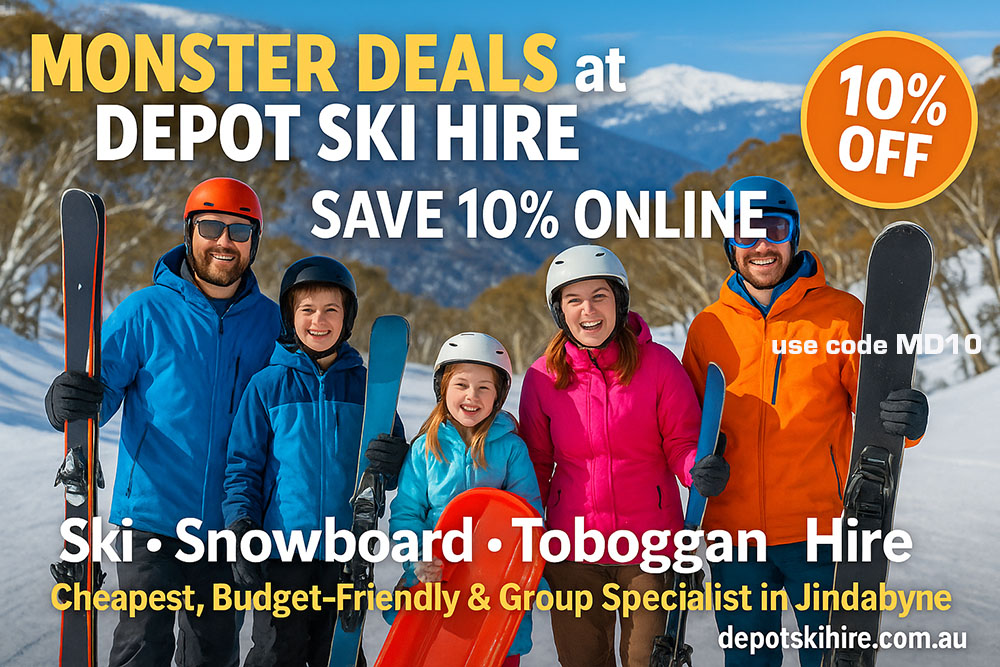 Family and children in Jindabyne holding skis, snowboards, and a toboggan in the snow, promoting the cheapest and best ski hire deals for school holidays at Monster Depot Ski Hire with 10% online discount.